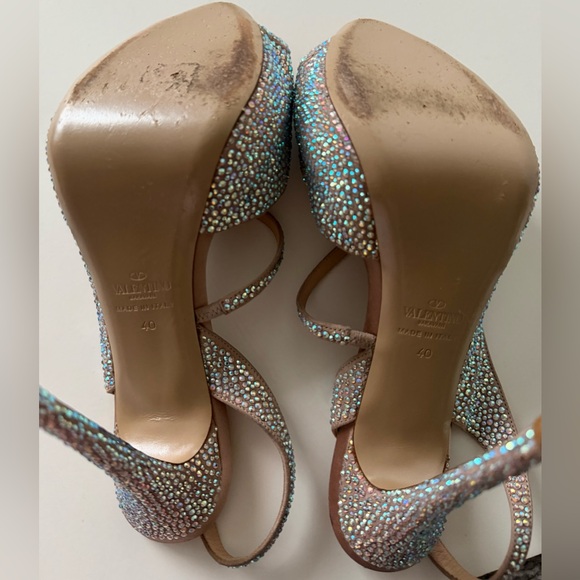 Valentino Beige Crystal Embellished Leather Platform Slingback Sandals Size 40 - Picture 13 of 13